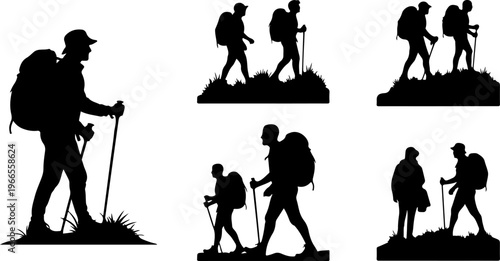 Set of Hikers in Various Positions Silhouettes