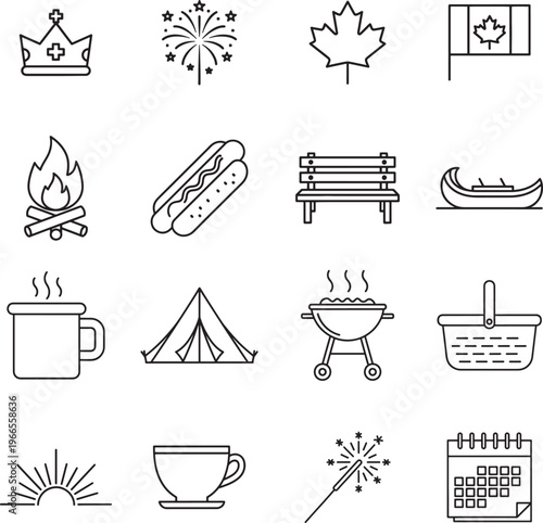 Canada Victoria Day line art icon collection. Includes line art symbols crown, fireworks, maple leaf, tent, bbq and more. Isolated icons. Canadian holiday icon set. Minimalist icons pack.