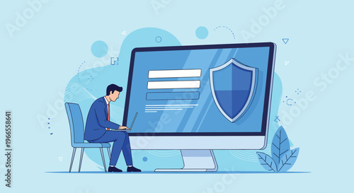 Focused professional works on a laptop in front of a giant monitor displaying a cybersecurity shield and secure login.