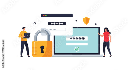 Secure login process shows two people next to a large laptop and padlock to represent data protection and privacy measures.