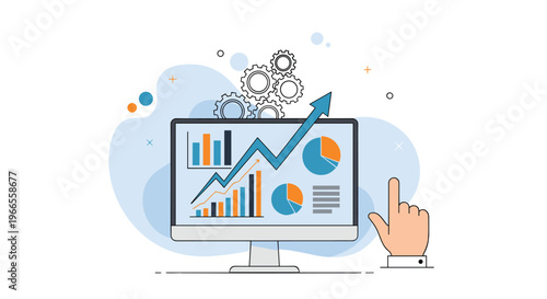 Hand points to a computer monitor displaying various colorful business charts and a rising line for market analytics.