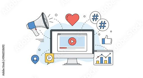Social media marketing dashboard on a computer monitor displays video content surrounded by engagement icons and stats.