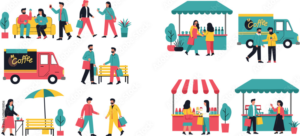 Fototapeta premium Flat Vector Illustration Set of People Shopping at Street Food Stalls Coffee Trucks and Outdoor Markets with Characters Eating Drinking and Walking