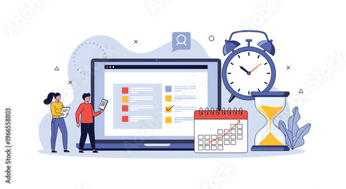 Efficient team manages a project schedule using a digital checklist on a laptop with a large clock and hourglass.