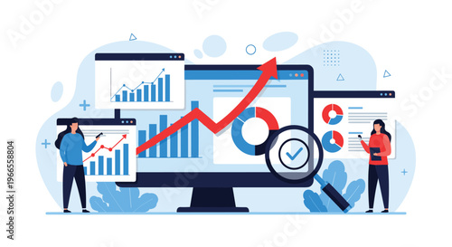 Data analysts monitor real-time business performance on large screens with multiple charts and a rising profit arrow.