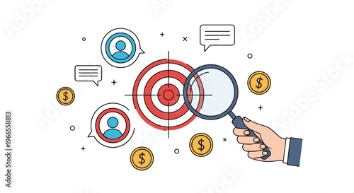 Targeted marketing strategy features a hand holding a magnifying glass over a bullseye with user icons and money coins.
