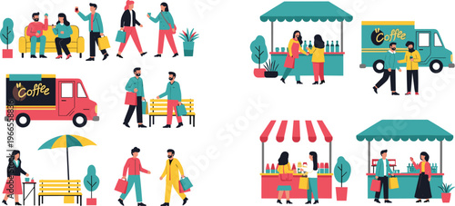 Flat Vector Illustration Set of People Shopping at Street Food Stalls Coffee Trucks and Outdoor Markets with Characters Eating Drinking and Walking