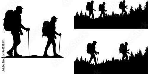 Set of Hikers in Various Positions Silhouettes