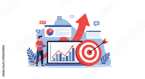Data-driven professional works beside a laptop displaying financial growth charts and a large target with an arrow.