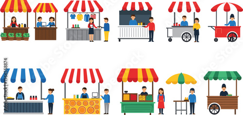 Flat Vector Illustration Set of Street Food Stalls and Market Kiosks with Vendors Serving Customers and Colorful Striped Awnings for Commercial Design