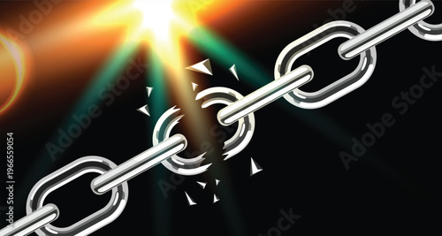 Broken Chain Vector Background with Light Burst Effect, Metal Link Explosion Symbol of Freedom Strength and Power, Abstract Business Breakthrough Concept Illustration