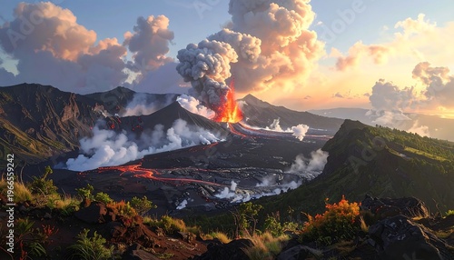 A volcanic eruption with smoke and lava