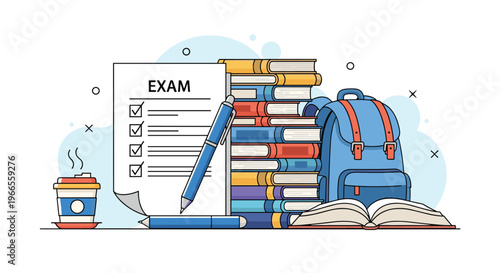 Comprehensive exam preparation set features a checklist paper, a tall stack of books, a backpack, and writing tools.