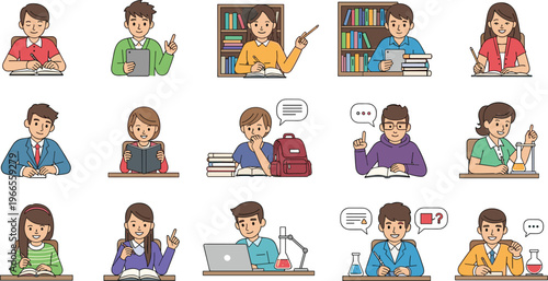 Professional Students Studying and Education Vector Set Featuring Young Learners Reading Writing Using Laptops and Doing Science Experiments for School Designs