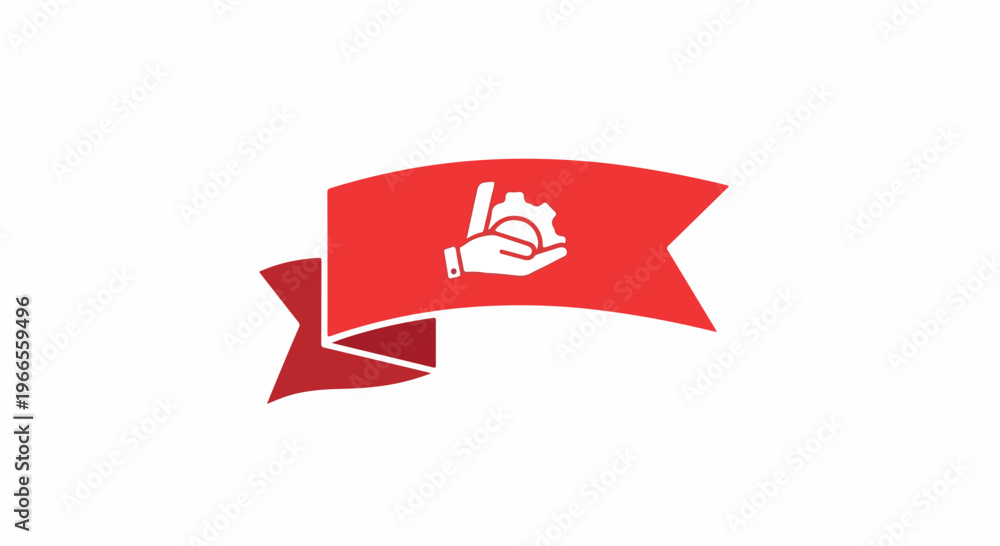 Obraz premium A red banner with a white hand icon shaking hands on a white background with a ribbon design.