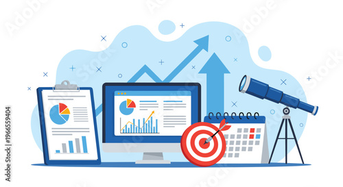 Business analytics dashboard displays financial performance with charts, a telescope for vision, and a target for goals.