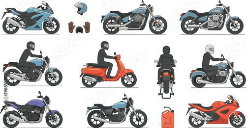Professional Motorcycles and Rider Equipment Vector Set Featuring Sport Bikes Cruisers Scooter Helmets and Gloves for Transportation Designs
