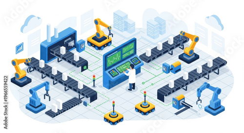 Automated Production Line with Robotic Arms and Central Control System.
