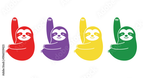 Four colorful cartoon sloths hanging upside down in a row, representing different vibrant colors and a playful mood