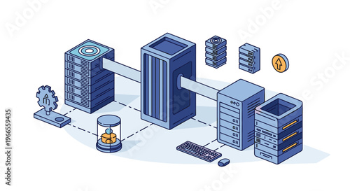 Isometric digital network infrastructure shows data storage units, server racks, and high-speed hardware connections.