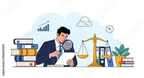 Legal professional examines a document with a magnifying glass beside law scales and stacks of binders and books.