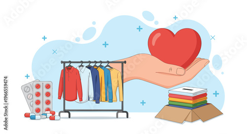 Concept of charitable donation showing hand holding a red heart with clothes rack folded garments and medical supplies.