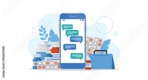 Online medical consultation via smartphone app with chat bubbles displayed alongside medicine bottles and blister packs.