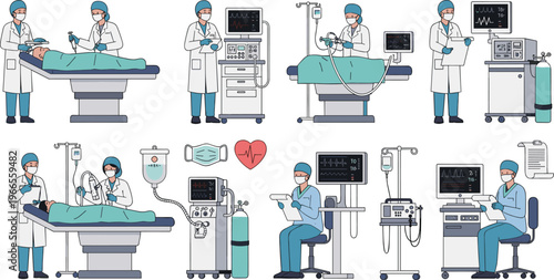Professional Intensive Care and Medical Monitoring Vector Set Featuring Doctors Treating Patients Using Ventilators Heart Rate Monitors and Hospital Equipment Designs