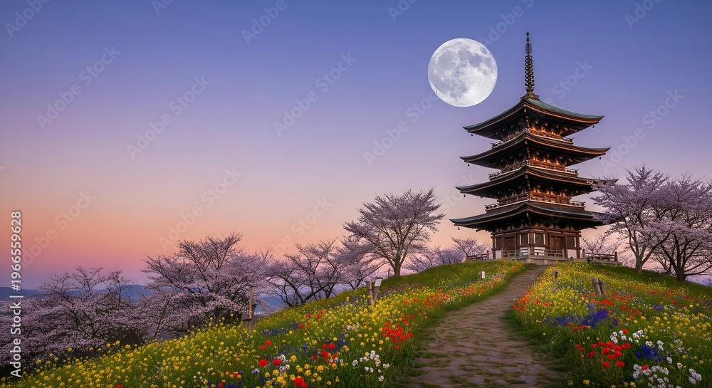 Obraz premium Traditional pagoda on a hill surrounded by vibrant wildflowers and budding trees. The moon rises over a clear, purple spring twilight. 16:9.