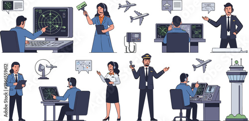 Professional Aviation Crew and Air Traffic Control Vector Set Featuring Pilots Flight Dispatchers Radar Operators and Control Tower for Aerospace Designs