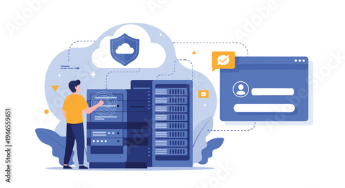 Cyber security and cloud data protection concept with technician working on servers and secure cloud login interface.