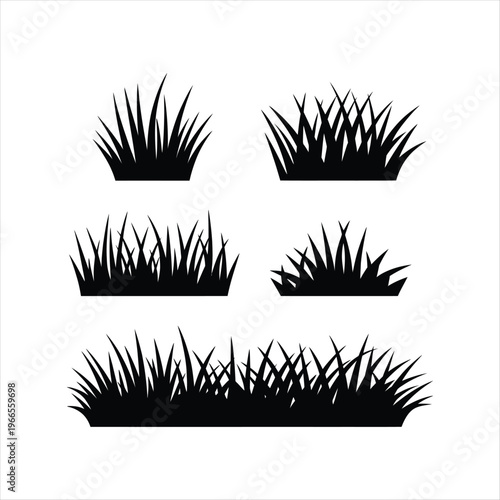 Set of black grass silhouettes isolated on white background. Nature elements for lawn, garden, and landscape design vector.