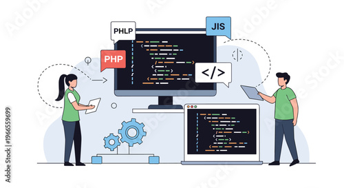 Software engineering and programming team collaborating on development projects with code displays and technical icons.