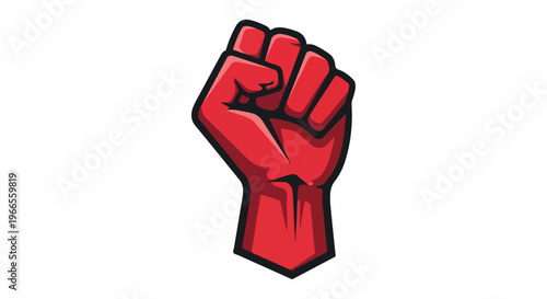 A red cartoon fist with a black outline raised in protest or solidarity against a white background.