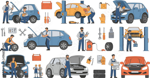 Professional Auto Repair and Car Mechanics Vector Set Featuring Technicians Fixing Vehicles Changing Tires and Using Workshop Tools for Industrial Designs