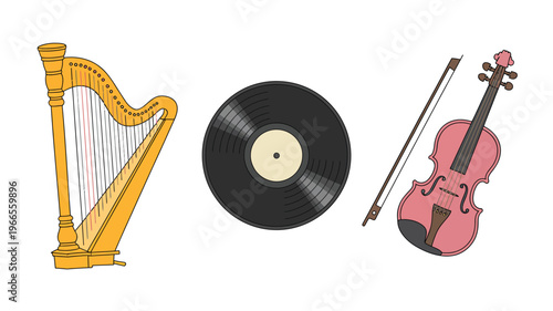 Cartoon musical instruments icon pack, includes harp, vinyl record, and violin, vector illustrations for music themed design, entertainment, audio branding, and creative projects.