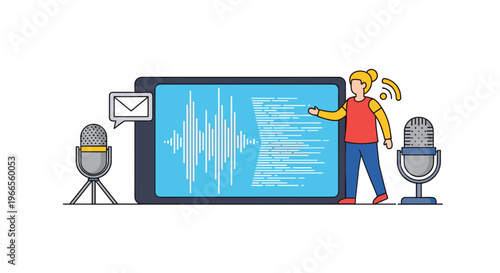 Podcasting and digital audio content production with woman standing next to screen showing sound waves and microphones.