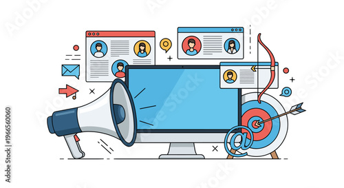 Digital marketing and customer targeting strategy showing monitor with user profiles megaphone and target with arrow.