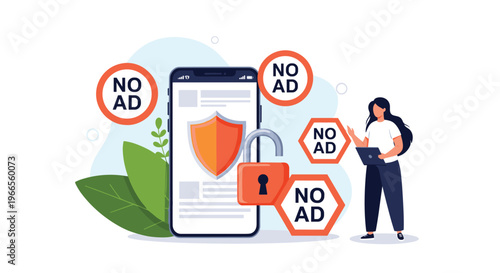 Ad blocking and online privacy protection concept featuring smartphone with security icons and person using laptop.