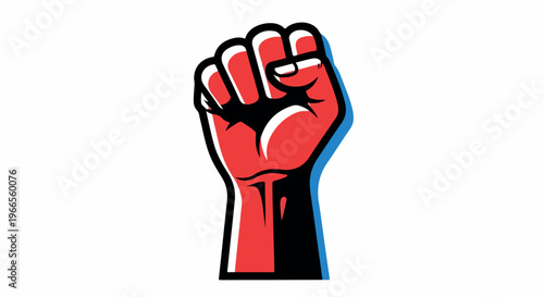 Raised red fist with black and blue outline on white background, symbolizing protest or solidarity in a bold graphic illustration.