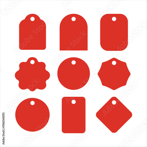 Set of red blank price tags and labels. Sale, discount, and retail shopping marketing elements vector illustration.