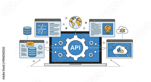 Application programming interface integration concept showing monitor with central gear connected to various data services.