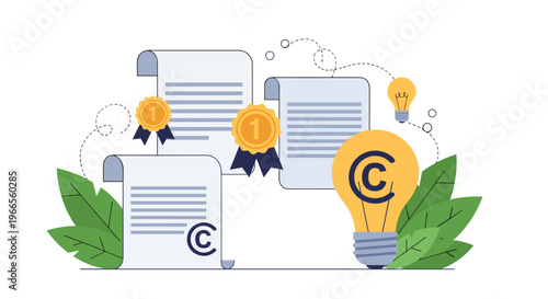 Intellectual property and patent protection concept showing certified documents with medals and copyright lightbulb symbol.