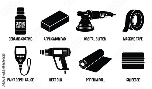 Auto detailing car ceramic coating tools set silhouette icons collection for vehicle paint protection