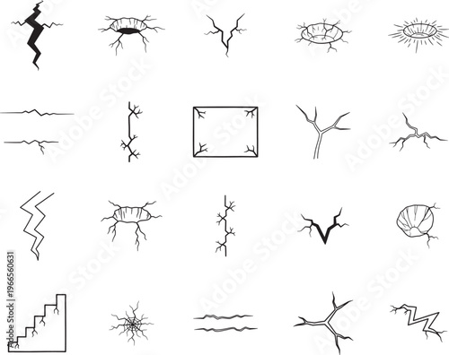 Cracks and Fractures line art icon collection. Includes line art symbols earthquake fissure, broken wall, shattered glass, ground crater and more. Isolated icons. Damage icon set. 