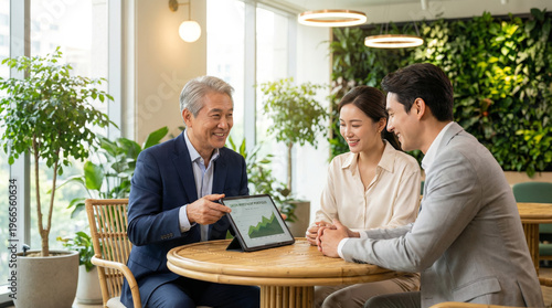 Senior Asian Financial Advisor Consulting Young Couple in Biophilic Office with Bamboo Table