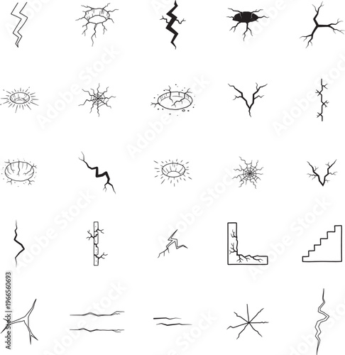Cracks and Fractures line art icon collection. Includes line art symbols earthquake fissure, broken wall, shattered glass, ground crater and more. Isolated icons. Damage icon set. 
