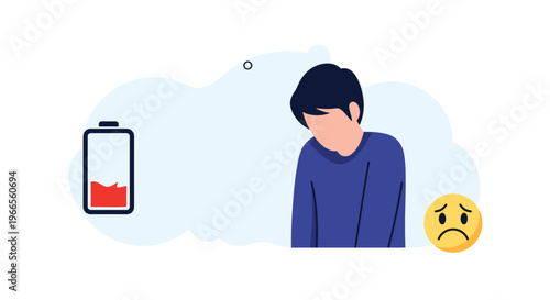 Emotional burnout and low energy concept featuring a sad man with depleted battery icon and unhappy emoji face.