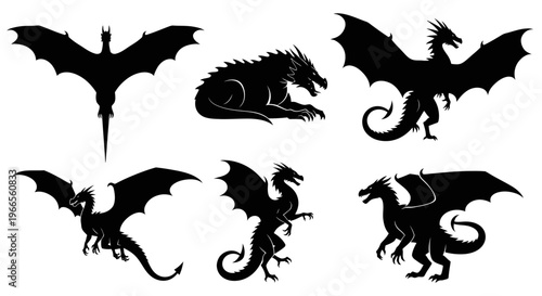 A collection of six dragon silhouettes flying and standing in various poses