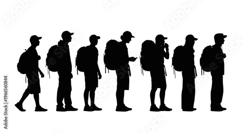 People with backpacks walk together in a line outdoors